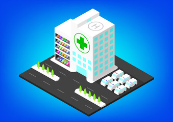 Isometric Hospital building with parking, vector