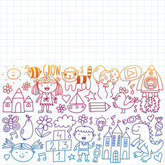 Online education for toddlers. Lessons for children in internet. Vector pattern for kindergarten banners, posters with moon, planet, spaceship, rocket, sun, fruits, house, flowers.