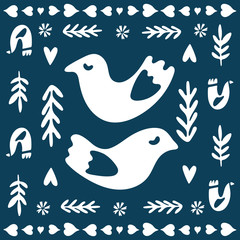 Spring, Christmas folk art square tile. Decorative birds in Scandinavian style with traditional geometric shapes in festive colors. Folklore cliparts elements for tile, napkins, coasters, postcard