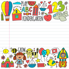 Fototapeta premium Online education for toddlers. Lessons for children in internet. Vector pattern for kindergarten banners, posters with moon, planet, spaceship, rocket, sun, fruits, house, flowers.