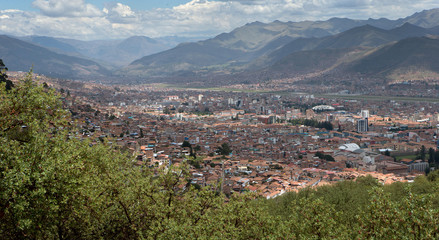 Sacsayhuamán. Overview city  Peru. Cusco. Saqsaywaman valley