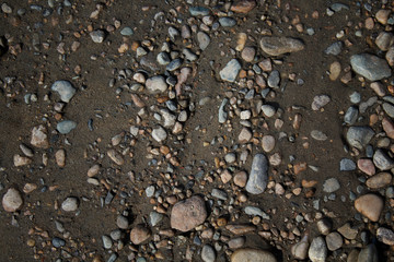 A brown soil and pebble background, texture. A brown earth and stones.