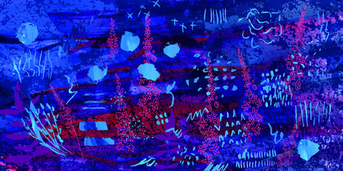 Creative artistic floral background with flowers, leaves and hand painted textures. Modern romantic graphic design for banner, poster, postcard, cover, invitation, placard, brochure or a web header.