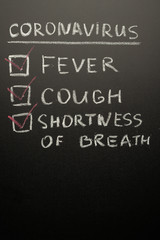 Coronavirus symptoms on a blackboard are drawn, Danger. News and articles