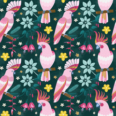 Flat Pink Parrots and Exotic Flowers Pattern