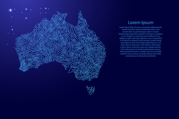 Australia map from blue isolines or level line geographic topographic map grid and glowing space stars. Vector illustration.