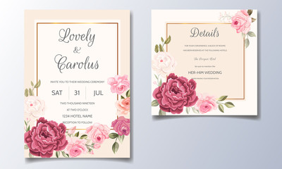 Beautiful and elegant wedding invitation card template set with floral frame