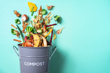 Trash bin for composting with leftover from kitchen on blue background. Top view. Recycling scarps...