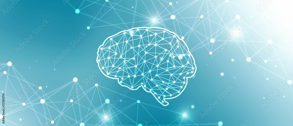 Poster 2d illustration concept of thinking, background with brain, abstract artificial intelligence. techno