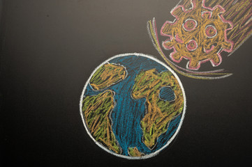 Drawn earth with a falling comet in the form of a coronavirus. Concept of epidemic and pandemic....