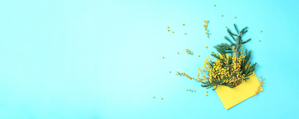 Yellow envelope with spring flowers on blue background. Mimosa present for Woman day. Floral composition, creative layout. Flat lay, top view. Spring, summer or garden concept.