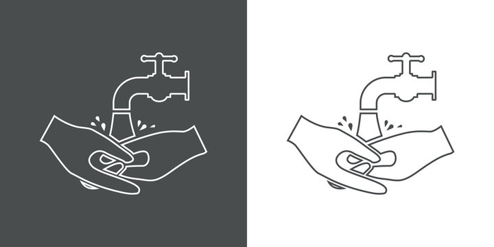 Higiene de manos. Icono plano lineal lavarse las manos en fondo gris y fondo blanco