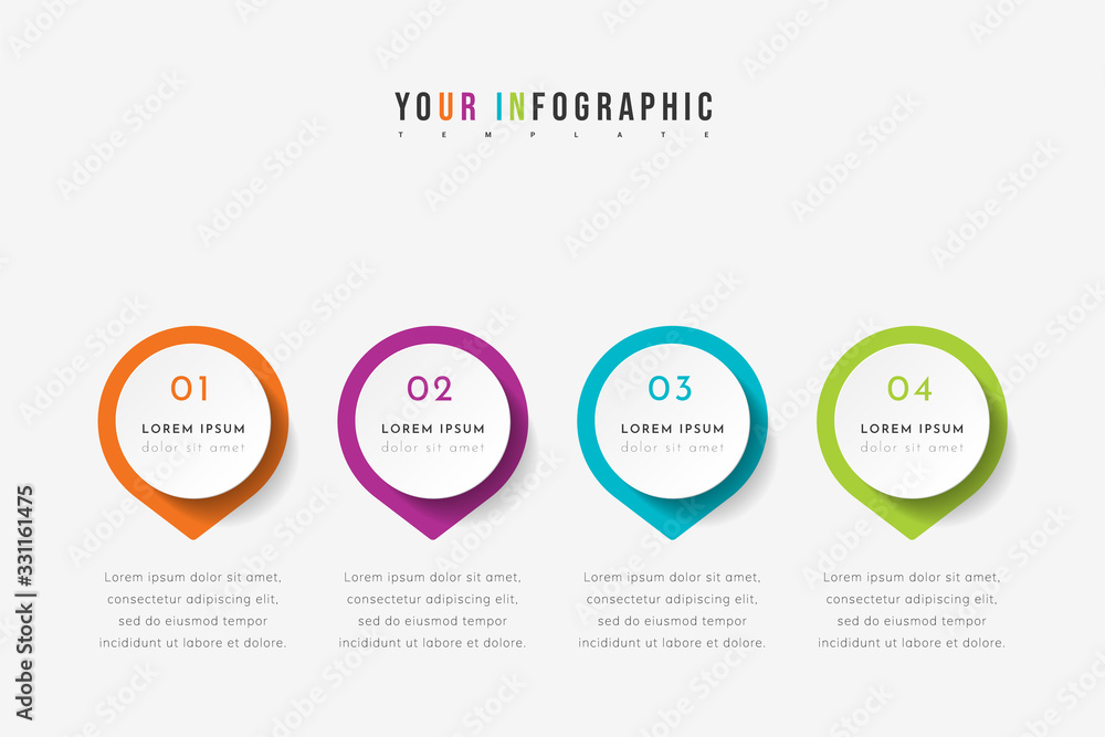 Poster vector timeline infographic with 4 pointers, steps or processes. colorful template design.