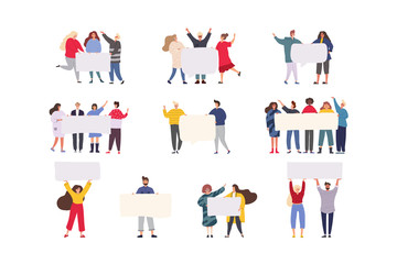 Happy group of friends standing together and holding blank banner. Flat cartoon colorful vector illustration.