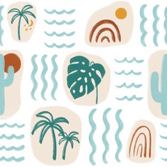 Abstract summer seamless pattern with palm tree, monstera, cactus, rainbows, sun, moon and waves. Hand painted tropical illustration. Trendy art printable.