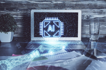 Technology theme drawing and table with computer. Multi exposure. Concept of information.