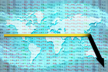 Crisis at the Stock Market. Arrow suddenly falls down against the background with world map and various numbers