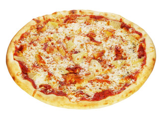 Fresh Hawaiian pizza with ananas isolated on white background