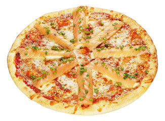 Fresh Philadelphia pizza with salmon isolated on white background