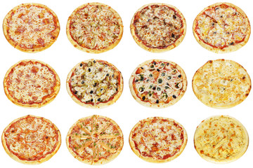 Many various freshly baked pizzas isolated on white background