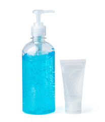 Blue alcohol sanitizer gel bottle isolated on white background for washing to protect infection and kill Novel Coronavirus (2019-nCoV) Covid-19 virus, bacteria and germs.