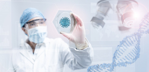 scientist holding a petri dish in  scientific background