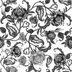 Hand drawing graphics.Ethnic seamless pattern in kalamkari style, fantasy floral,рaisley .East Indian traditional,graphic fancy seamless print, ceramic design,fabric pattern, Wallpaper,carpet.