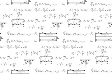 Physics seamless pattern with the equations, figures, schemes, formulas and other calculations on whiteboard. Retro scientific and educational handwritten vector Illustration.