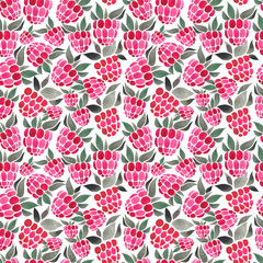 Raspberry.Handmade watercolor, seamless pattern, isolated berry elements on a white background. The Liberty Style.Pattern for fabric, children 's clothing, packaging, postcards, curtains.