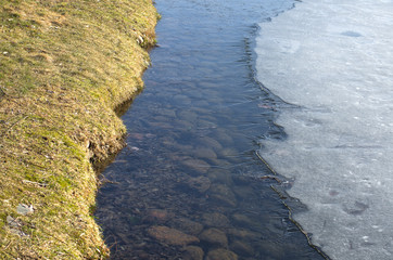 In the spring thaw the river with rocks on the bottom between the shore and the ice floe