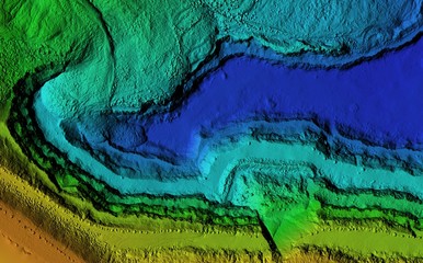DEM - digital elevation model. Product made after proccesing pictures taken from a drone. It shows excavation site with steep rock walls