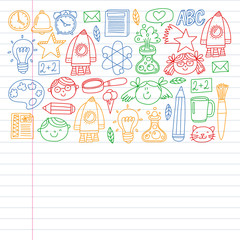 Online education concept. Vector icons and elements for little children, college, internet courses. Doodle style, kids drawing.