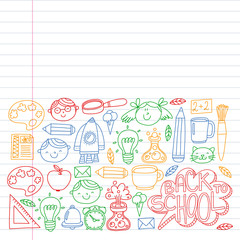 Online education concept. Vector icons and elements for little children, college, internet courses. Doodle style, kids drawing.