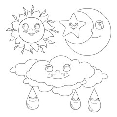 The lovely sun, moon, asterisk and thundercloud are smiling happily. A set of celestial objects. Vector illustration for children's coloring book or page, designs and prints.