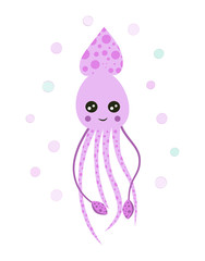 card with cute squid isolated on white, marine animals