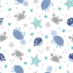 seamless pattern with colorful marine animals isolated on white