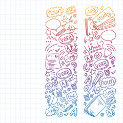 English internet online courses. Doodle vector concept illustration of learning english language.