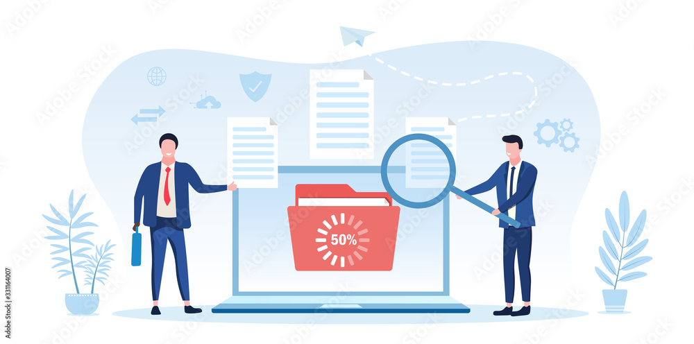 Poster information transaction between two businessmen showing a file uploading or downloading at 50 percen