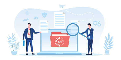 Information transaction between two businessmen showing a file uploading or downloading at 50 percent on a laptop screen and one man holding a magnifying glass, vector illustration