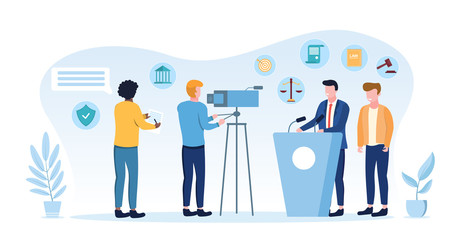 Law and governance concept with journalist or videographer filming a law maker or politician speaking on a podium, vector illustration