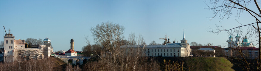 Panorama of Grodno. Belarus. View of the restored building of the Old Castle, fire tower, a bridge between the hills, a church and other buildings located on high hills.