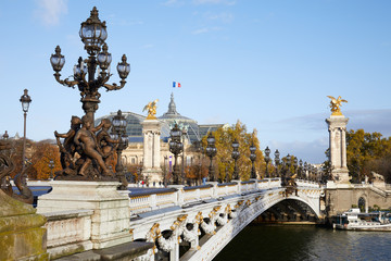 Fototapeta na wymiar Alexandre III bridge in a sunny autumn day in Paris, France
