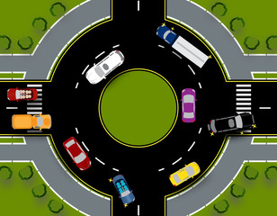 Roundabout with traffic circle. Bus, cars, truck, SUV. Close-up with lawns. illustration