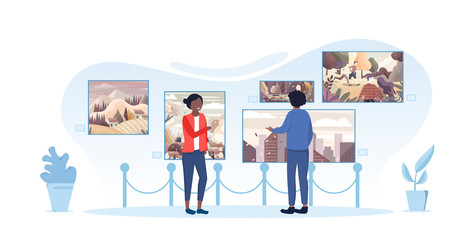 Young black couple viewing exhibits in a museum standing in front of paintings on a wall in a panorama banner, Vector illustration