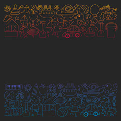 Kindergarten preschool school children. Kids drawing style vector pattern. Play grow learn together.