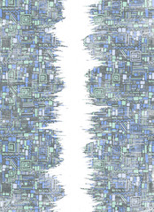 Modern multicolor spotted pop art digital composition with lines, dots and bricks.