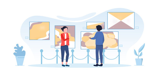 Panorama banner of visitors in a museum with a man and women looking at the exhibits, colored vector illustration