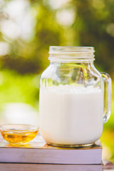 Close up shot of bottle of milk and a cup of honey on books with nature background.