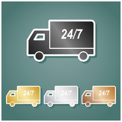 Home delivery sign. Set of metallic Icons with gray, gold, silver and bronze gradient with white contour and shadow at viridan background. Illustration.
