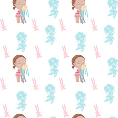 Seamless pattern of the girl in the tutu skirt  hugs her stitched rabbit toy